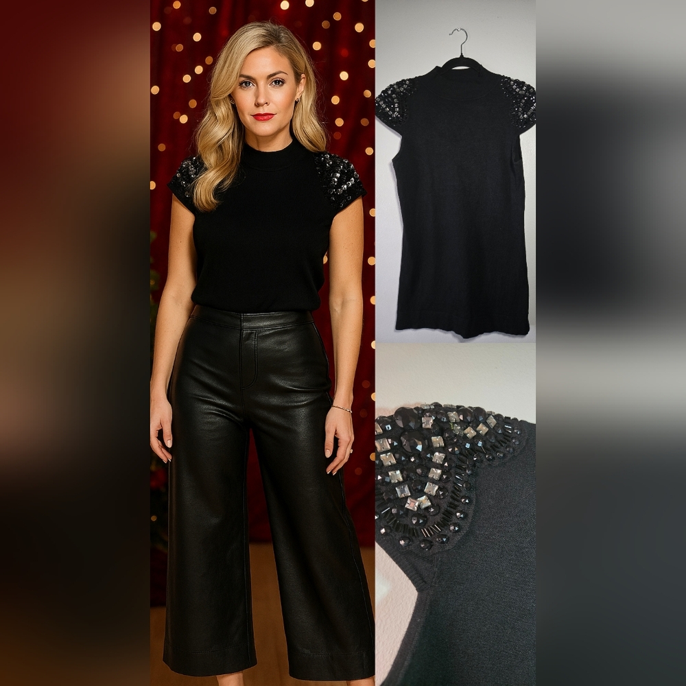 Cache Embellished Shoulder‎ Sweater Top – Size M, Black Mock Neck Knit